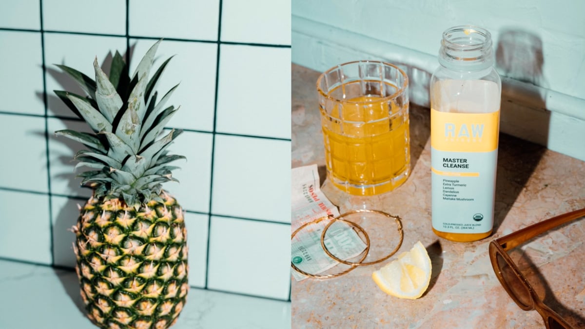 Whole pineapple pictured left; Raw Juicery bottle with glass of juice pictured right