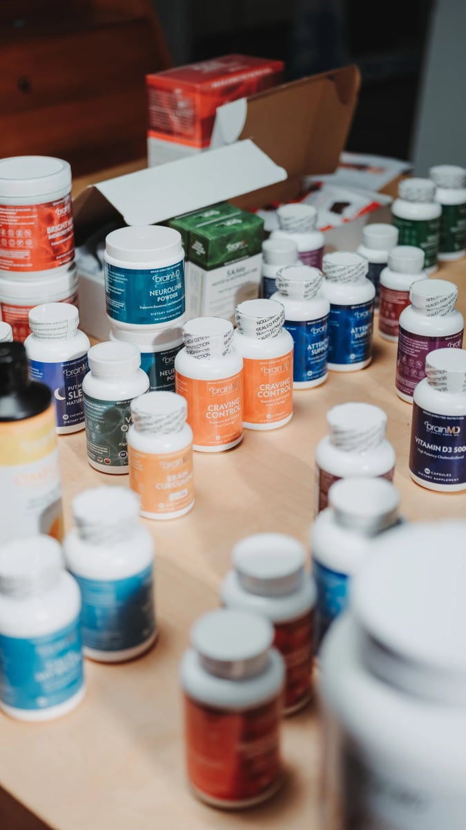 Various BrainMD products on a table